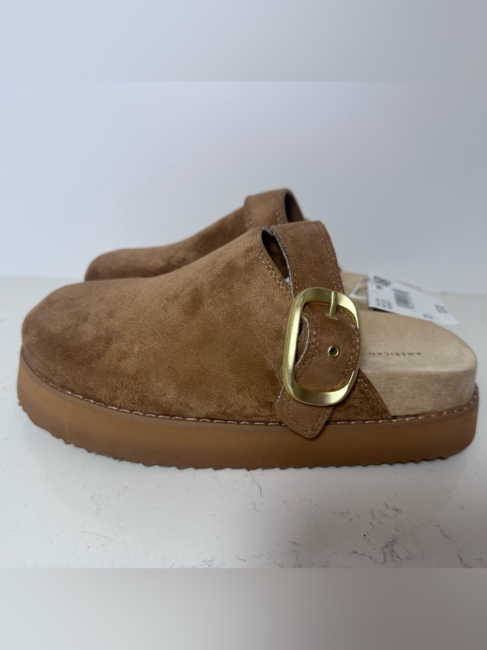 American Eagle Women's Slip-On Buckle Clog in Faux Brown Suede - Picture 5 of 7